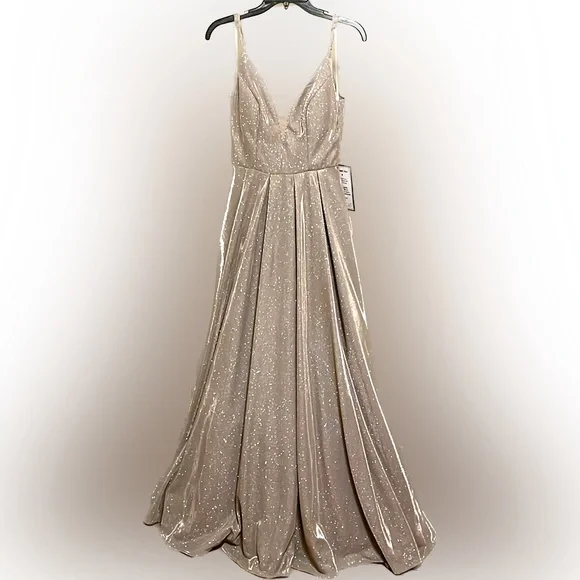 B Darlin Long Dress, Juniors' Glitter Mesh Rose color - Picture 1 of 15